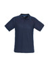 A navy blue short sleeve polo shirt with contrasting blue piping and a logo on the chest.