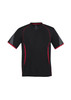 A black short sleeve tee with red accents and a logo on the front. Features sporty design elements.