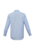 A light blue men's long sleeve button-up shirt featuring a collar and a plain design with a logo on the back.