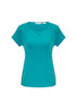 A teal women's short sleeve top with a v-neck design and a logo on the label.
