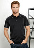 A black short sleeve polo shirt with contrasting white stitching and a collar, featuring a logo.