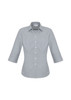 A button-up women's shirt in a grey and white gingham pattern with 3/4 sleeves and a collar.