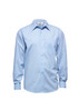 A light blue long sleeve button-up shirt with a pocket and a logo on the collar.