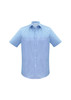 A light blue short sleeve button-up shirt with a single chest pocket and a subtle striped pattern.