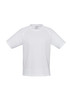 A white short sleeve tee with a rounded neck and raglan sleeves. It features a logo on the front.