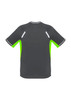 A short sleeve T-shirt in grey with bright green accents and reflective detailing on the back. It has a logo.