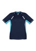 A navy blue short sleeve tee with light blue accents and reflective detailing. It features a branding logo.