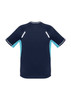 A navy blue short sleeve tee with light blue accents and reflective detailing, featuring a logo.