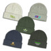 Five beanies in various colours: light grey, dark green, navy blue, and olive green, each with distinct logos. Five beanies in various colours: light grey, dark green, navy blue, and olive green, each with distinct logos.