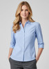A light blue women's 3/4 sleeve button-up shirt featuring a fitted design and a logo on the chest.