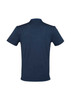 A navy blue men's short sleeve polo shirt with a collar and a logo on the back.
