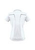 A short-sleeve women's polo shirt in white, featuring a logo and design details on the back.