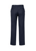 A pair of men's classic pleat pants in dark navy, featuring a tailored fit and back pockets, with branding visible. A pair of men's classic pleat pants in dark navy, featuring a tailored fit and back pockets, with branding visible.