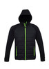 A black puffer jacket with a green zip and hood, featuring side pockets and a modern design. A black puffer jacket with a green zip and hood, featuring side pockets and a modern design.