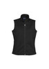 A black women's softshell vest with a high collar and a front zip, featuring a logo on the chest area. A black women's softshell vest with a high collar and a front zip, featuring a logo on the chest area.