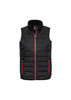 A black vest with red accents and a high collar, featuring zippered pockets and a logo. A black vest with red accents and a high collar, featuring zippered pockets and a logo.