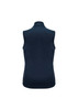 A navy women's vest featuring a high collar and no sleeves, with a logo on the back.
