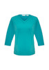 A women's top in teal with a v-neck and 3/4 sleeves, featuring a logo on the label. A women's top in teal with a v-neck and 3/4 sleeves, featuring a logo on the label.