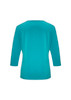 A turquoise women's top with 3/4 sleeves, featuring a simple design and no visible branding. A turquoise women's top with 3/4 sleeves, featuring a simple design and no visible branding.