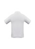 A white short sleeve polo shirt featuring a collar and a logo on the back.