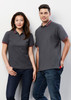 A grey short sleeve polo shirt featuring contrasting red accents, displayed on a male and female model.