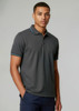 A men's short sleeve polo shirt in dark grey, featuring a collar and contrasting trim. It has a logo on the chest.