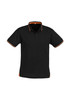 A black short sleeve polo shirt with orange detailing on the collar and hem, featuring a logo.