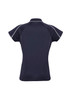 A dark navy polo shirt with short sleeves and contrasting trim, featuring a logo on the back.