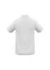 A white polo shirt featuring a collar and short sleeves, with a logo on the back.