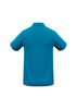 A turquoise crew men's polo shirt with a classic collar and short sleeves, featuring a logo.
