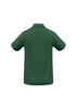 A green men's polo shirt featuring a classic collar and short sleeves, with a branding logo on the back.