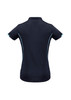 A navy women's short sleeve polo shirt with light blue accents and a logo on the back.