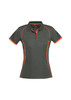 A women's short sleeve polo in dark grey with orange accents and a logo on the chest.