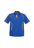 A blue polo shirt with yellow accents and mesh panels on the sleeves, featuring a logo on the chest.