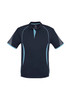A black short sleeve polo shirt featuring light blue accents and a logo on the chest.