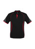 A black polo shirt with red accents and short sleeves, featuring a logo on one side.
