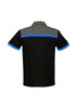 A black and grey short sleeve polo shirt with blue accents and a logo on the back.