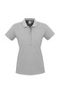 A grey women's short sleeve polo shirt with a button placket and a logo on the collar.