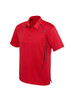 A red men's short sleeve polo shirt featuring a subtle design and a logo on it.