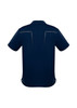 A navy blue men's polo shirt with short sleeves and a design featuring stitching details on the back.