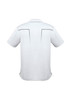 A short sleeve polo shirt in white featuring a logo and back detailing.