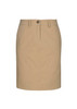A khaki women's skirt featuring a front button closure and two side pockets. It has a simple and classic design. A khaki women's skirt featuring a front button closure and two side pockets. It has a simple and classic design.