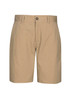 A pair of khaki dress shorts with a button closure and a branded logo on the waistband.