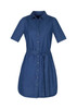 A women's denim dress with short sleeves, a button-down front, and a tied waist detail. A women's denim dress with short sleeves, a button-down front, and a tied waist detail.