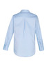 A light blue long sleeve button-up shirt with a central back pleat and buttoned cuffs. It features a collar and has a logo.