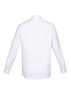 A white long sleeve button-up shirt with a classic collar and a logo on the back.