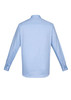 A light blue long sleeve button-up shirt with a classic collar and a logo on the back.