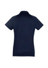 A navy women's short sleeve polo shirt with a classic collar and a logo on the front.