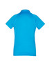 A short sleeve polo shirt in a bright blue colour, featuring a collar and a logo on the back.