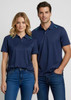 A navy blue short sleeve polo shirt featuring a logo, displayed on both a male and female model.